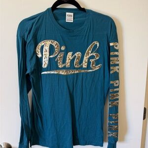 PINK Victoria’s Secret Y2K Teal Long Sleeve Tee with Gold Sequin Script